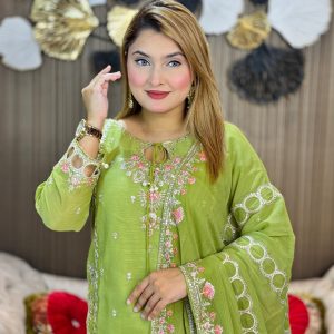 অলিভ গ্রিন - হোয়াইট গোল্ড জরজেট ফেব্রিক্স